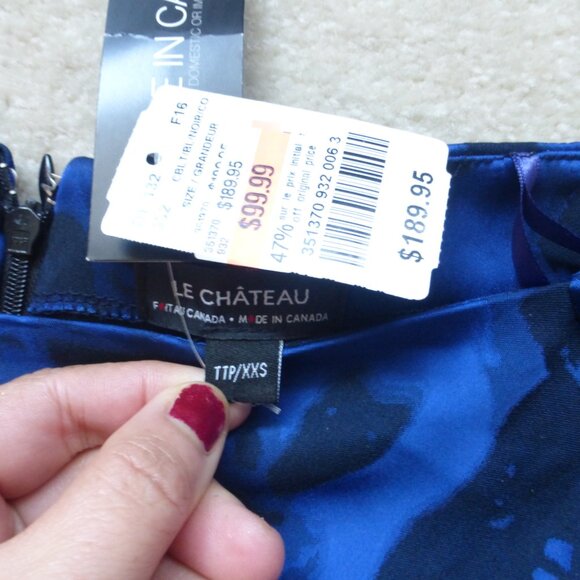 NWT LE CHATEAU cobalt blue and black abstract print off shoulder midi dr… - Picture 4 of 9